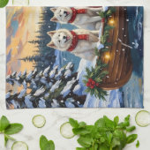 White American Eskimo Dog Christmas Boat Holiday キッチンタオル (折り畳み)