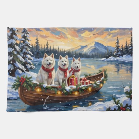 White American Eskimo Dog Christmas Boat Holiday キッチンタオル (横)