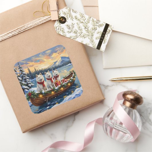 White American Eskimo Dog Christmas Boat Holiday スクエアシール (ギフト)
