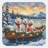 White American Eskimo Dog Christmas Boat Holiday スクエアシール (正面)