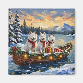White American Eskimo Dog Christmas Boat Holiday マグネット (正面)