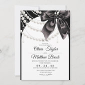 White and Black Bow Pearls Modern Elegant Wedding 招待状 (正面)