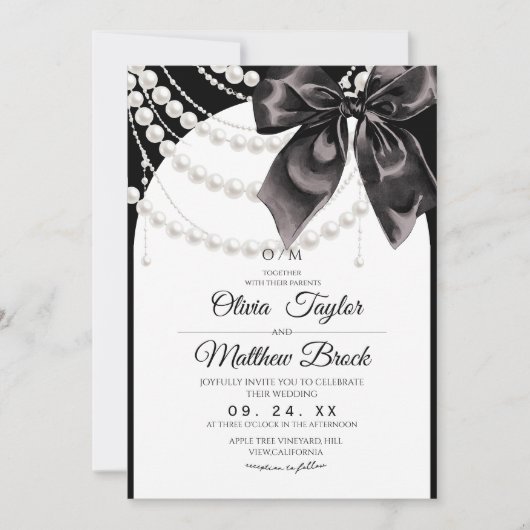 White and Black Bow Pearls Modern Elegant Wedding 招待状 (正面)