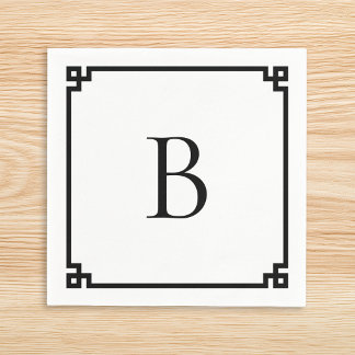 White and Black Greek Key Border Elegant Monogram スタンダードカクテルナプキン