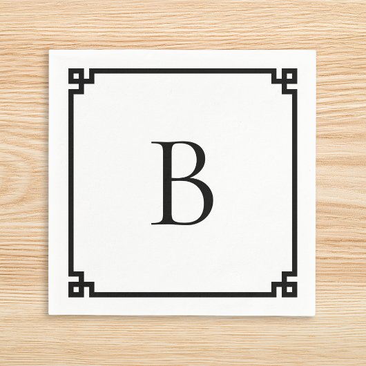 White and Black Greek Key Border Elegant Monogram スタンダードカクテルナプキン