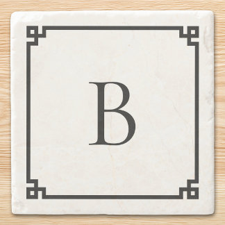 White and Black Greek Key Border Elegant Monogram ストーンコースター