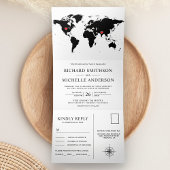 White and Black World Map All in One Wedding 三つ折り招待状