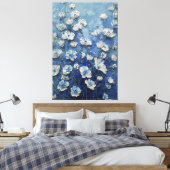 White and Blue Blossoms on Rich Blue Abstract Wall キャンバスプリント (インサイチュ (寝室))