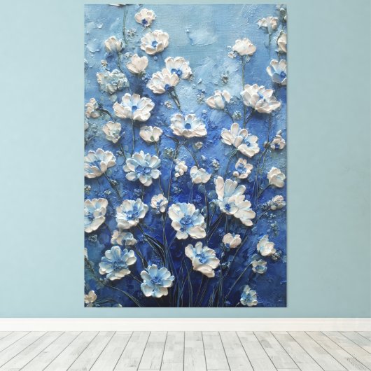 White and Blue Blossoms on Rich Blue Abstract Wall キャンバスプリント (インサイチュ (ウッドフロア))