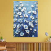 White and Blue Blossoms on Rich Blue Abstract Wall キャンバスプリント (インサイチュ (リビング))