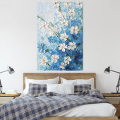 White and Blue Blossoms on Turquoise Abstract Wall キャンバスプリント (インサイチュ (寝室))