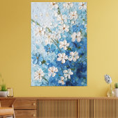 White and Blue Blossoms on Turquoise Abstract Wall キャンバスプリント (インサイチュ (リビング))