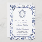 White and Blue Chinoiserie Crest Photo Wedding セーブザデート (正面)