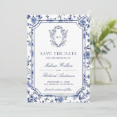 White and Blue Chinoiserie Crest Photo Wedding セーブザデート (スタンド正面)