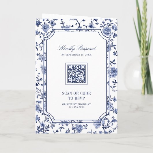 White and Blue Chinoiserie Crest QR Code Wedding 招待状 (裏面)