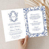 White and Blue Chinoiserie Crest QR Code Wedding 招待状