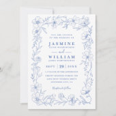 White and Blue Elegant Floral QR Code Wedding 招待状 (正面)