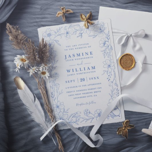 White and Blue Elegant Floral QR Code Wedding 招待状