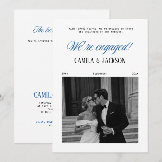 White and Blue Engagement Party Announcement 招待状 (正面/裏面)
