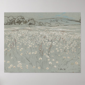 White and blue flower field vintage art print ポスター