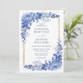 White and Blue Flowers Golden Frame Wedding 招待状 (スタンド正面)