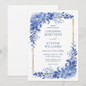 White and Blue Flowers Golden Frame Wedding 招待状 (正面/裏面)
