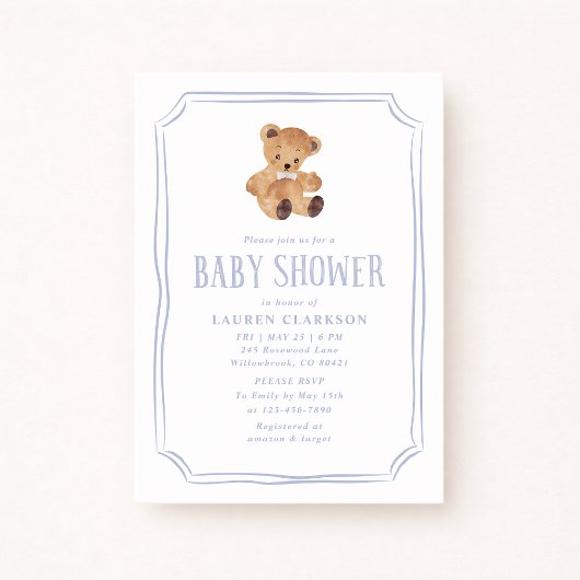 White and Blue Teddy Bear Baby Shower Invitation 案内状