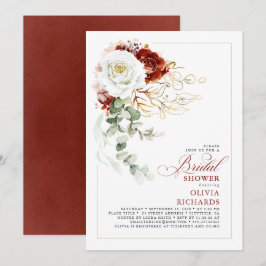 White and Burgundy Red Floral Fall Bridal Shower 招待状