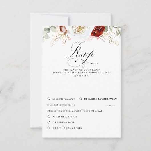 White and Burgundy Red Flowers Wedding RSVP (正面)