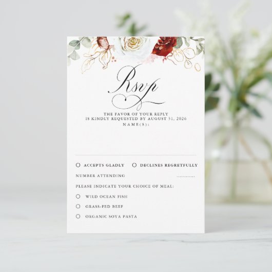 White and Burgundy Red Flowers Wedding RSVP (スタンド正面)