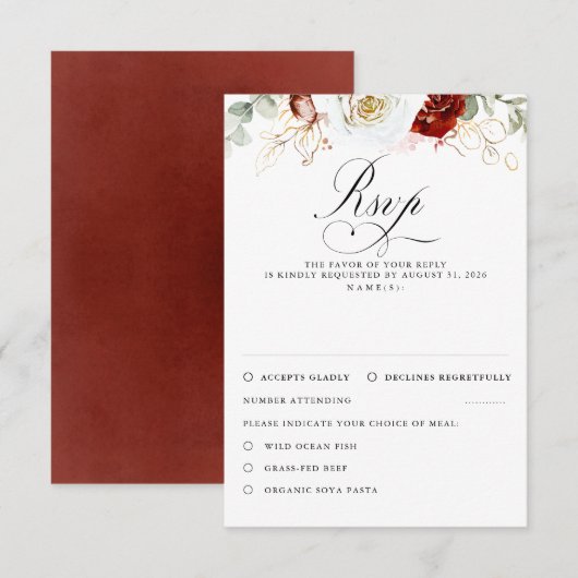 White and Burgundy Red Flowers Wedding RSVP (正面/裏面)