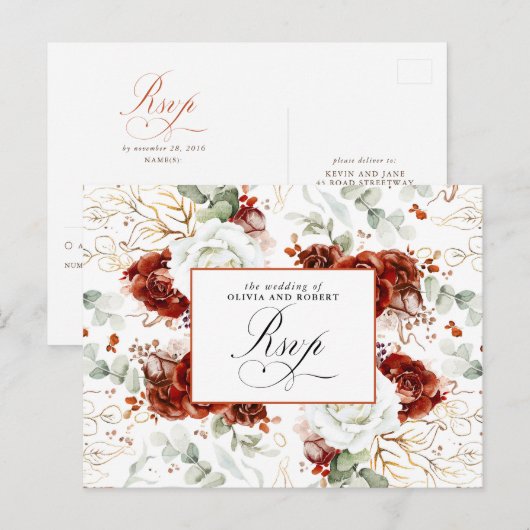 White and Burgundy Red Wedding RSVP Postcard ポストカード (正面/裏面)