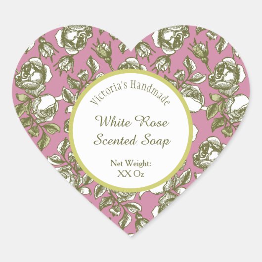 White and Faux Gold Rose on Pink Editable Soap ハートシール (正面)