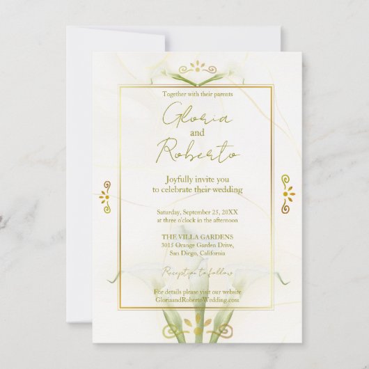 White and Gold Calla Lily Elegance 招待状 (正面)