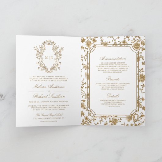 White and Gold Chinoiserie Crest QR Code Wedding 招待状 (内部)