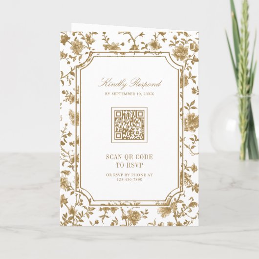 White and Gold Chinoiserie Crest QR Code Wedding 招待状 (裏面)