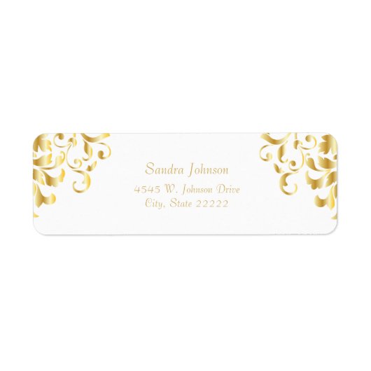 White and Gold Damask Wedding Return Address Label ラベル (正面)