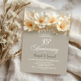 White and Gold Floral 35th Wedding Anniversary 招待状