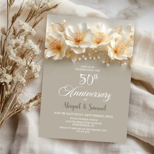 White and Gold Floral 50th Wedding Anniversary 招待状