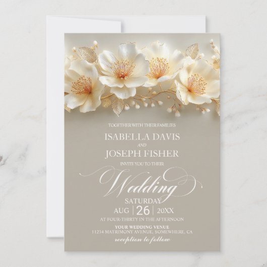 White and Gold Floral Wedding 招待状 (正面)