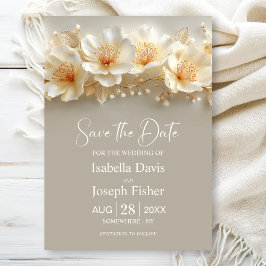 White and Gold Floral Wedding Save the Date 招待状
