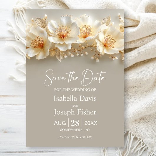 White and Gold Floral Wedding Save the Date 招待状
