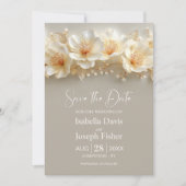 White and Gold Floral Wedding Save the Date 招待状 (正面)
