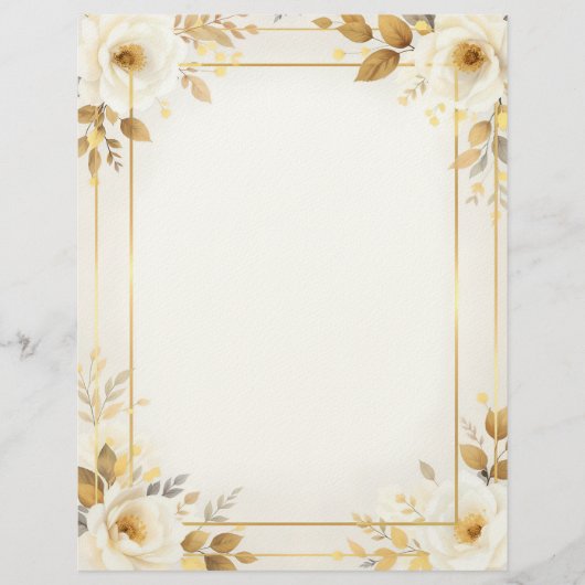 White and Gold Flowers and Double Frame Stationery レターヘッド (正面)