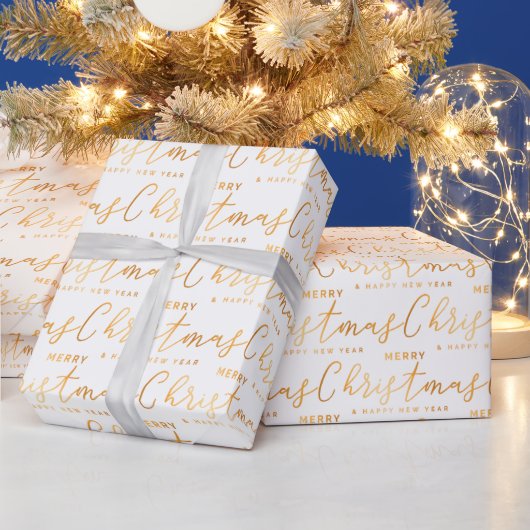 White and Gold Merry Christmas Word Art ラッピングペーパー (クリスマス)