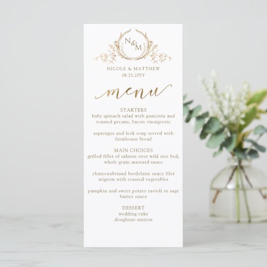 White and Gold Monogram Wedding Double-sided Menu メニュー (スタンド正面)