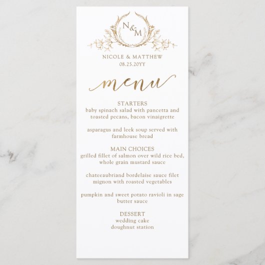 White and Gold Monogram Wedding Double-sided Menu メニュー (正面)