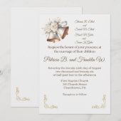 White and Gold Wedding Bells Wedding Invitation 招待状 (正面/裏面)