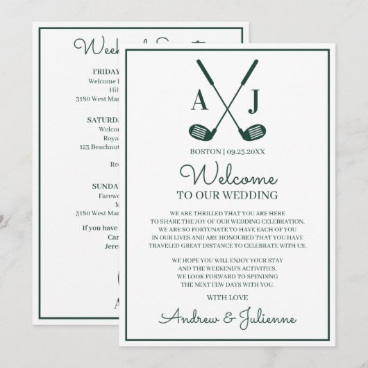 White And Green Golf Wedding Welcome Note 招待状 (正面/裏面)