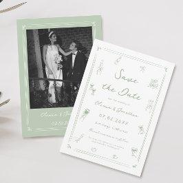 White and Green Hand Drawn Wedding Save the Date 招待状